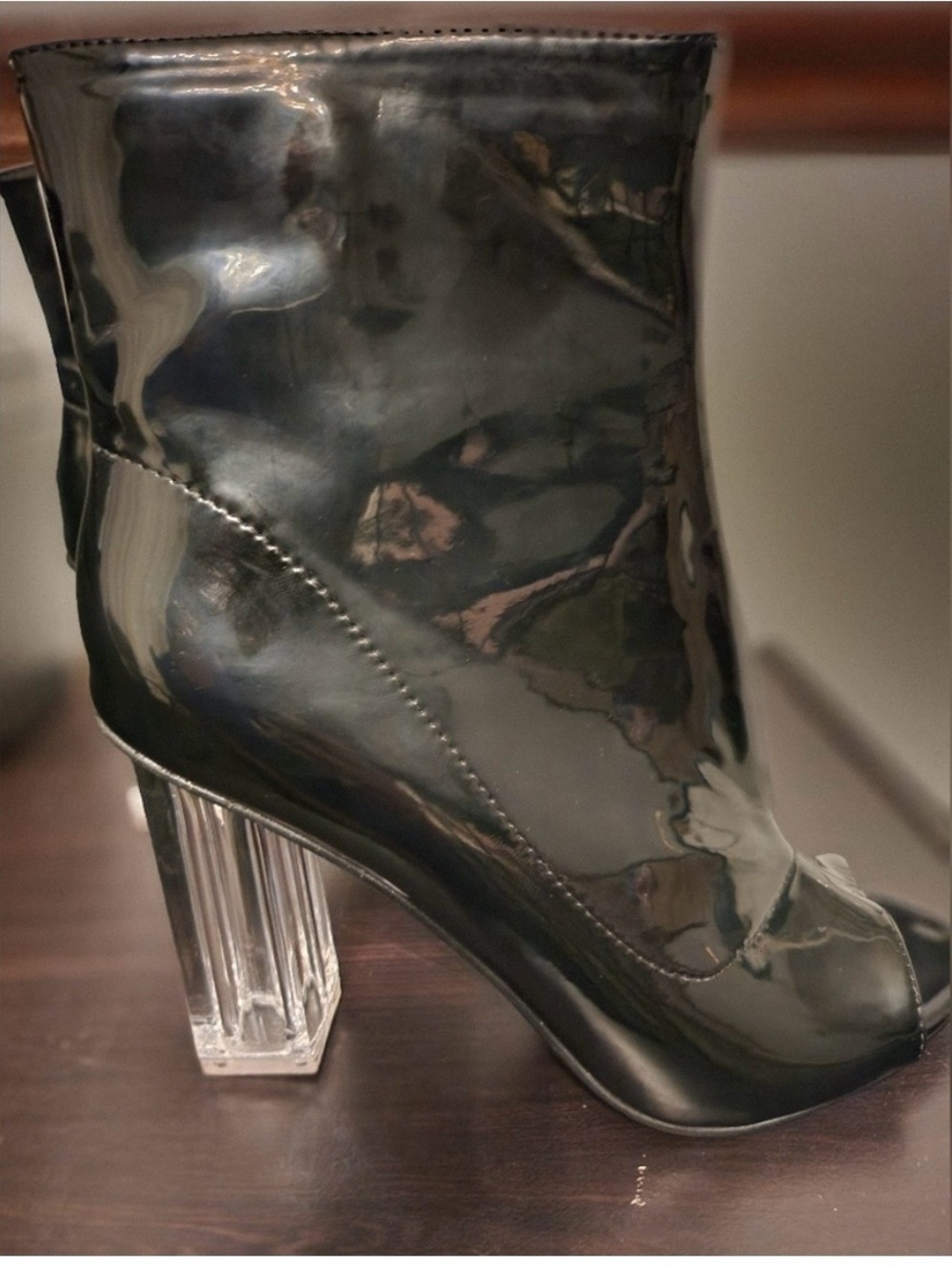 Yoki PVC Transparent Black Chunky Heel Peep Toe Ankle Bootie Size 9- 4in heel
